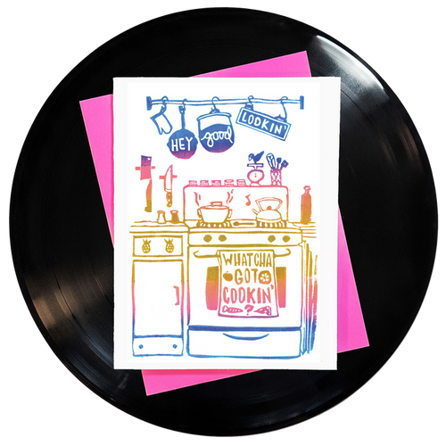 a block printed kitchen in a blue, pink & gold fade inspired by the song hey good lookin'.