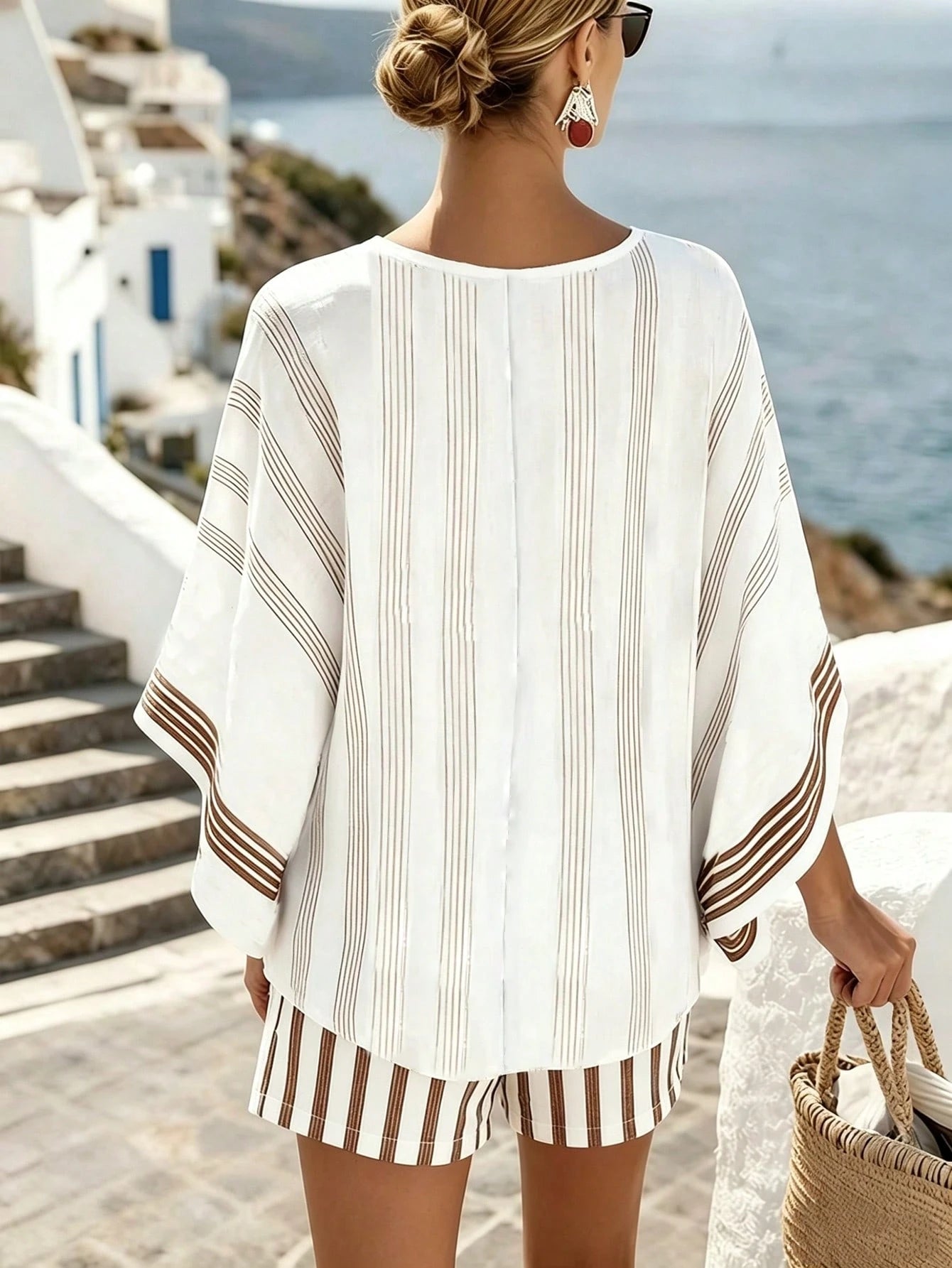 Holidaya Summer Refreshing Blue & White Striped Faux Linen Print Women's Loose Batwing Sleeve Shorts Slimming 2-Piece Set For Outings