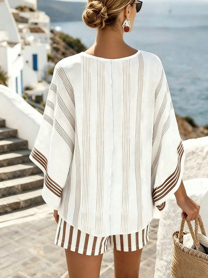 Holidaya Summer Refreshing Blue & White Striped Faux Linen Print Women's Loose Batwing Sleeve Shorts Slimming 2-Piece Set For Outings