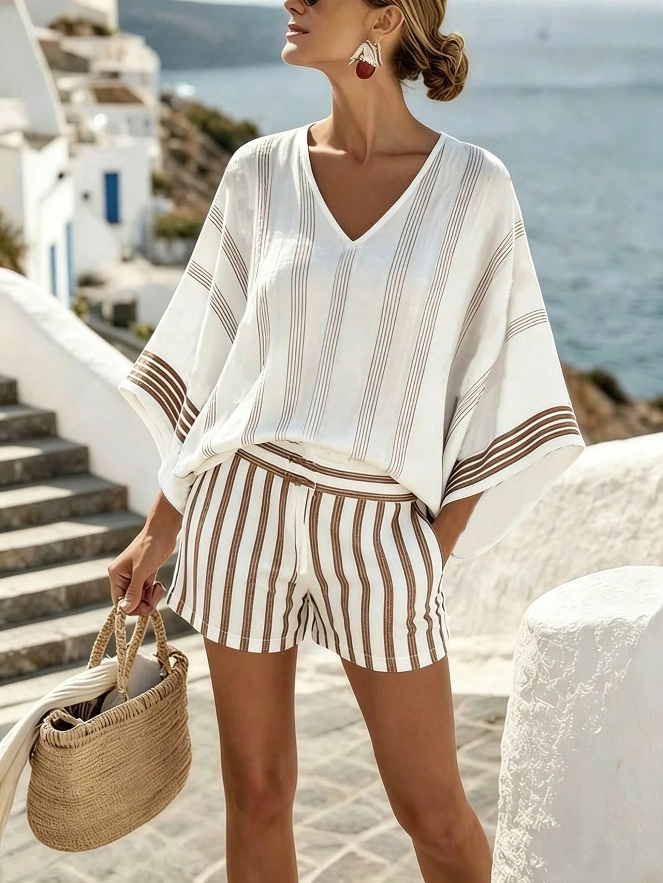 Holidaya Summer Refreshing Blue & White Striped Faux Linen Print Women's Loose Batwing Sleeve Shorts Slimming 2-Piece Set For Outings