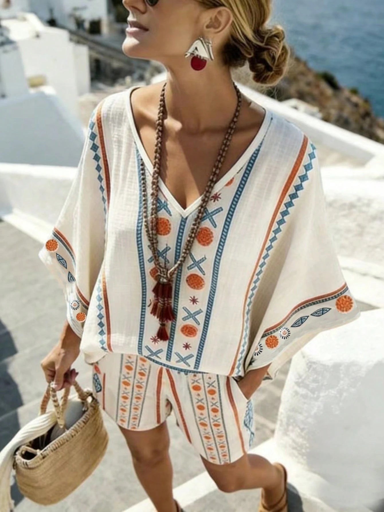 Holidaya Summer Refreshing Blue & White Striped Faux Linen Print Women's Loose Batwing Sleeve Shorts Slimming 2-Piece Set For Outings