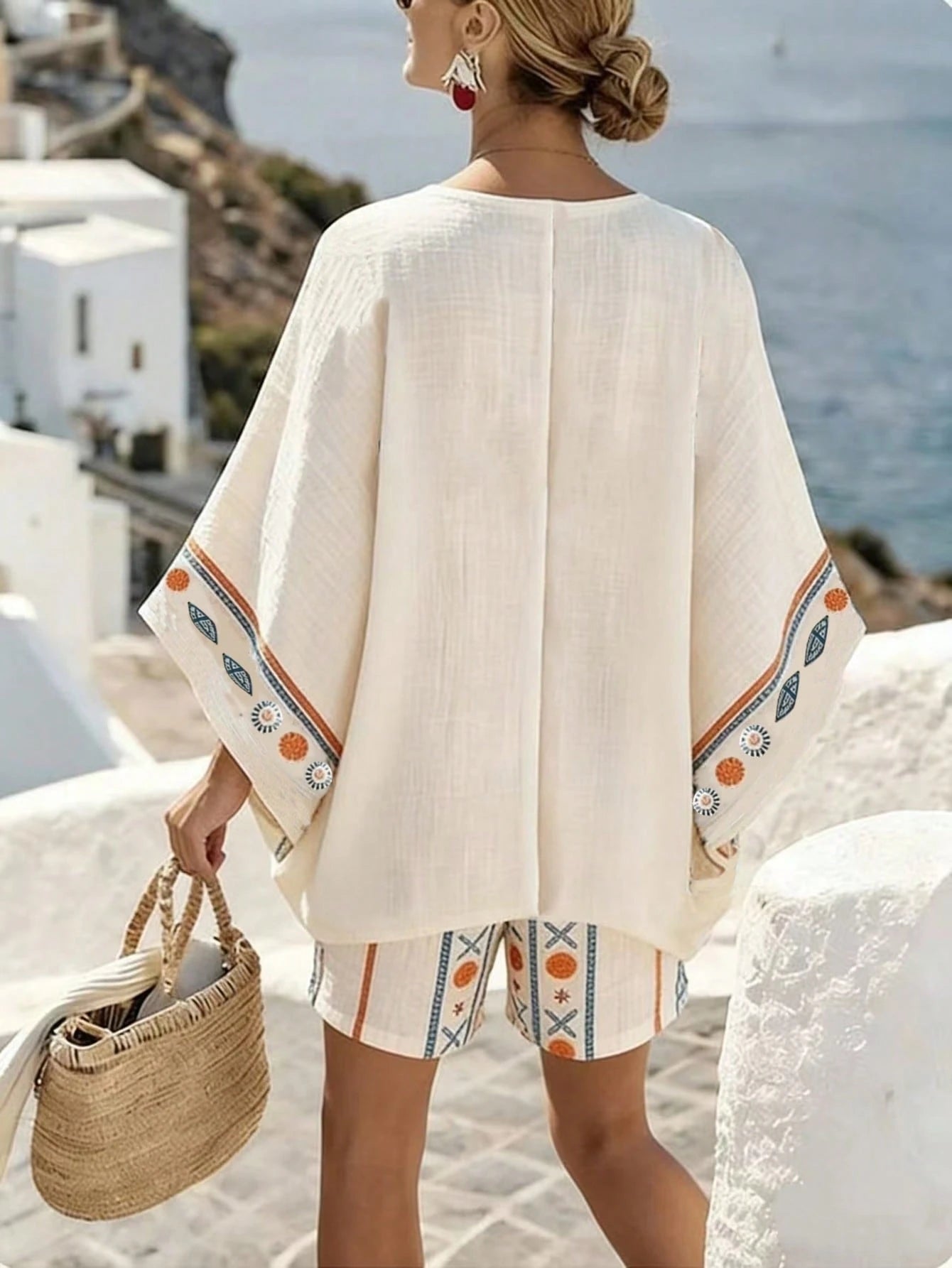 Holidaya Summer Refreshing Blue & White Striped Faux Linen Print Women's Loose Batwing Sleeve Shorts Slimming 2-Piece Set For Outings