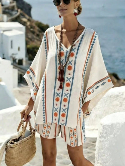 Holidaya Summer Refreshing Blue & White Striped Faux Linen Print Women's Loose Batwing Sleeve Shorts Slimming 2-Piece Set For Outings