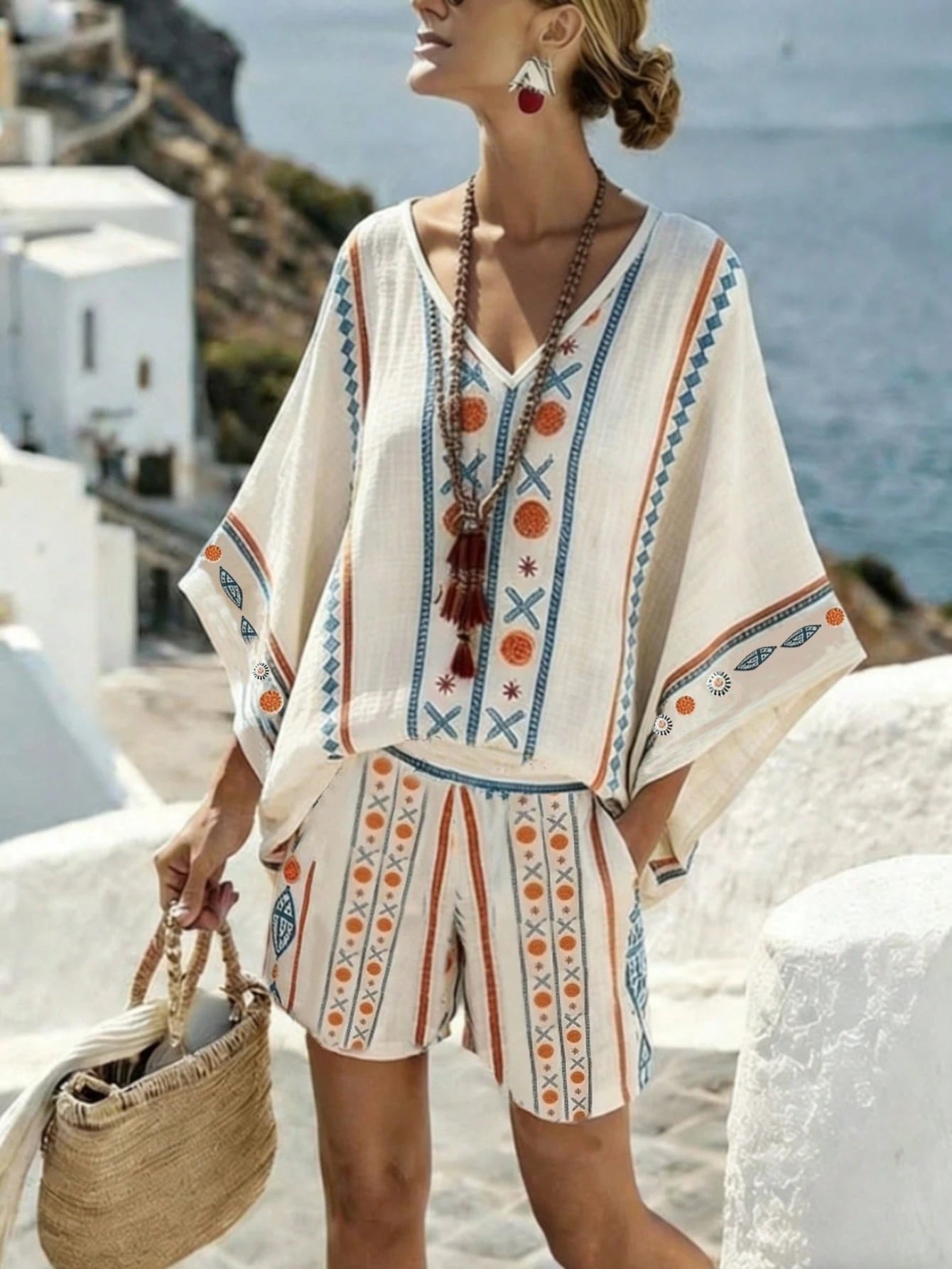 Holidaya Summer Refreshing Blue & White Striped Faux Linen Print Women's Loose Batwing Sleeve Shorts Slimming 2-Piece Set For Outings