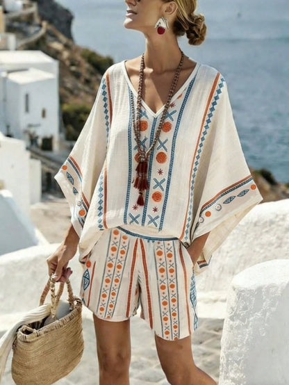 Holidaya Summer Refreshing Blue & White Striped Faux Linen Print Women's Loose Batwing Sleeve Shorts Slimming 2-Piece Set For Outings