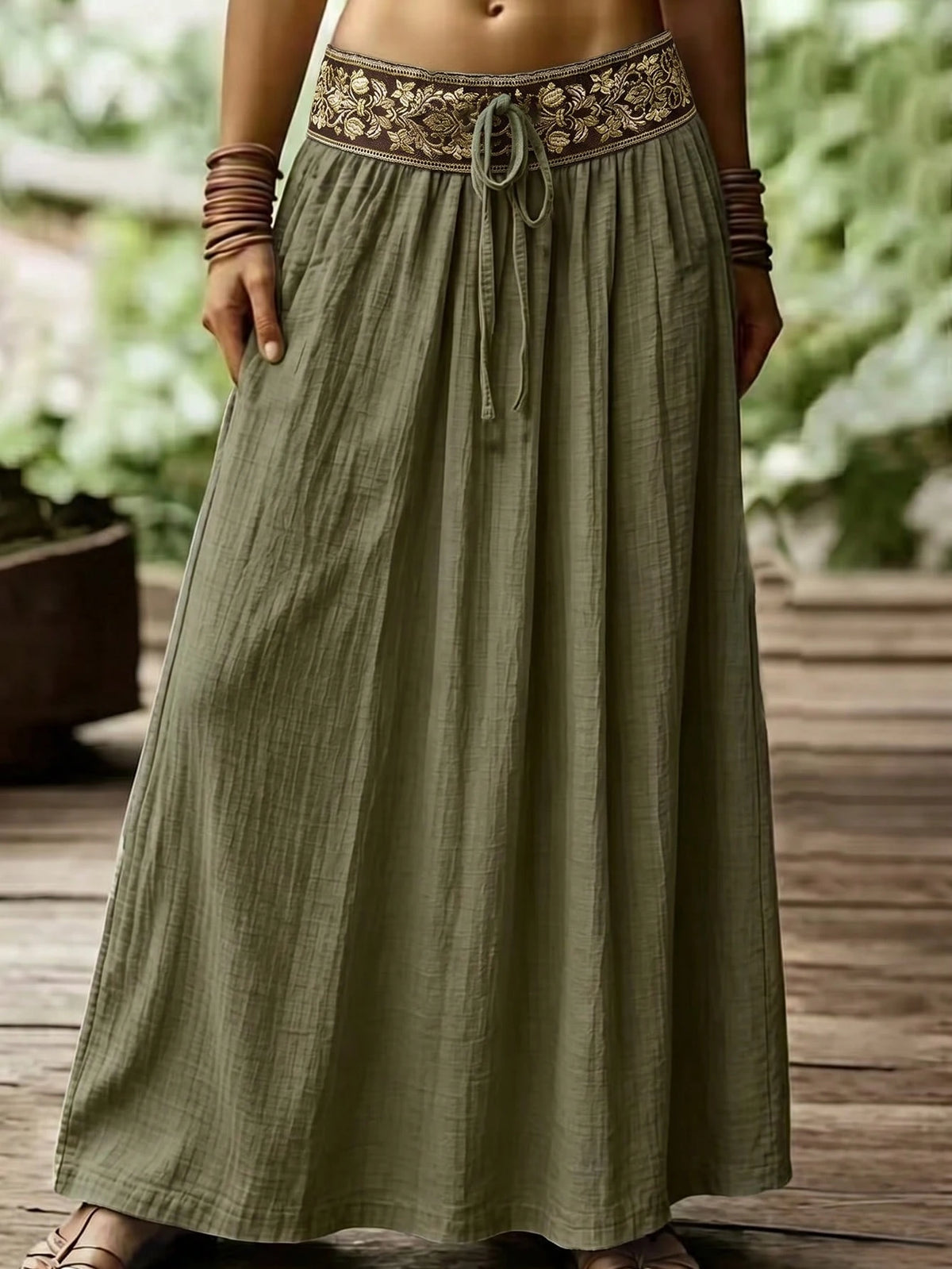 Holidaya Women's Wavy Pleated Embroidered Floral Pattern Woven Waist Skirt, Suitable For Spring/Summer, Casual Daily Wear, Fresh Style Skirt, Office, Versatile Casual Skirt, Casual Vacation Beac