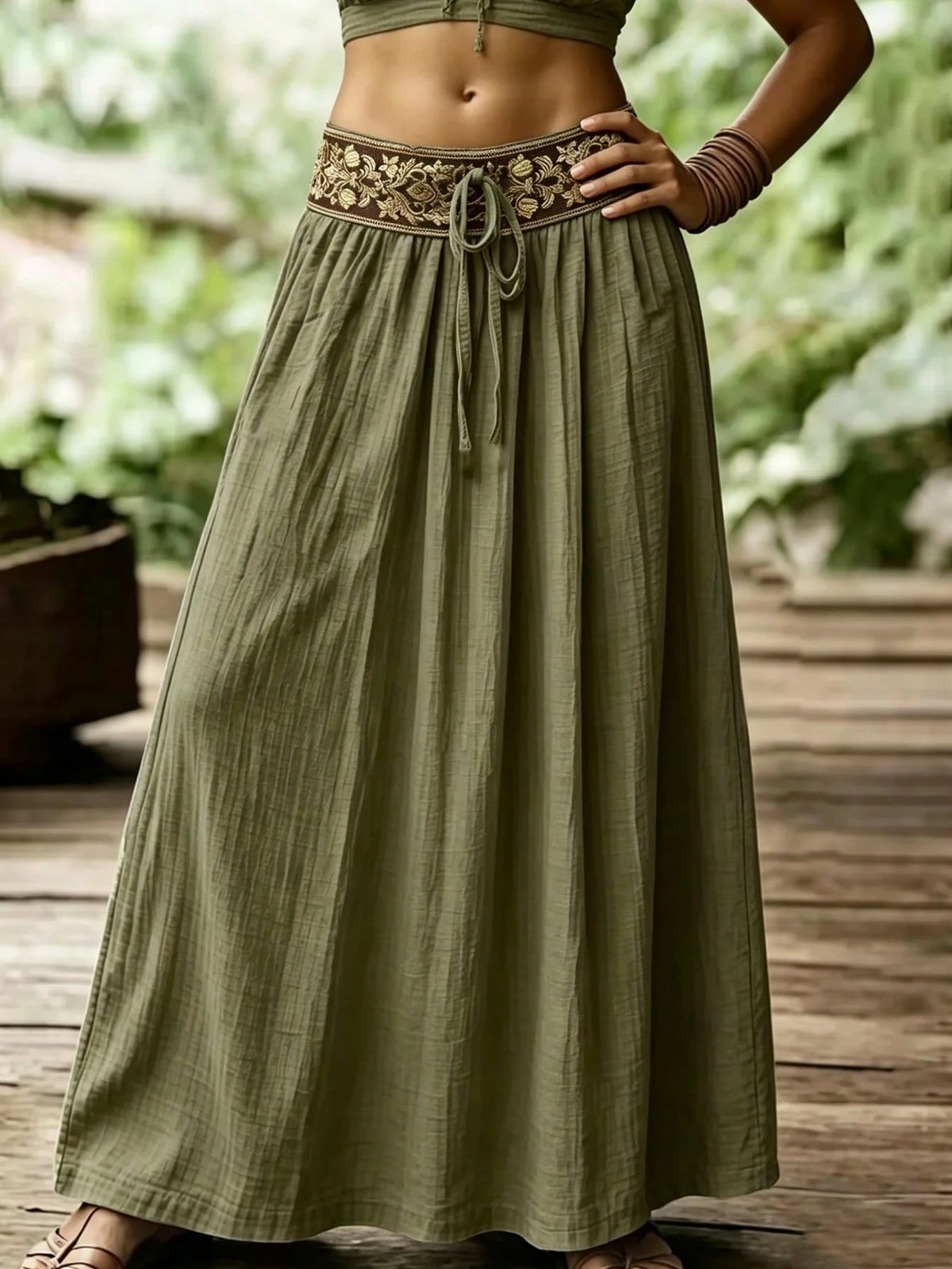 Holidaya Women's Wavy Pleated Embroidered Floral Pattern Woven Waist Skirt, Suitable For Spring/Summer, Casual Daily Wear, Fresh Style Skirt, Office, Versatile Casual Skirt, Casual Vacation Beac