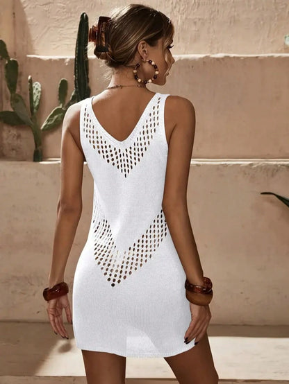 Hollow Geometric Pattern Knitted Cover-Up/Dress, Women Sleeveless Knit Tank Dress Mini Beach Dress For Spring/Summer Vacation