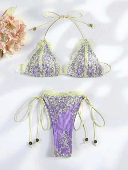Hollow Lace Bikinis Patchwork Swimsuit Women Bathing Suits Bandage Swimwear Mujer Beachwear Bikini Set