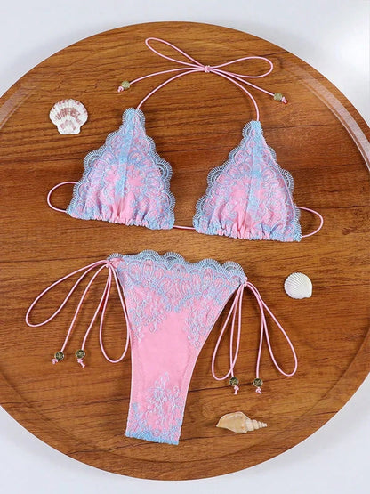 Hollow Lace Bikinis Patchwork Swimsuit Women Bathing Suits Bandage Swimwear Mujer Beachwear Bikini Set