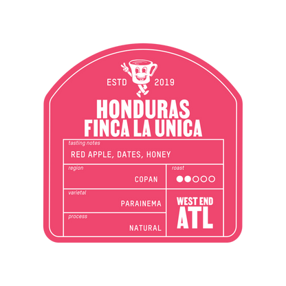 Honduras Finca La Unica Natural coffee bag label in pink with tasting notes red apple dates honey.