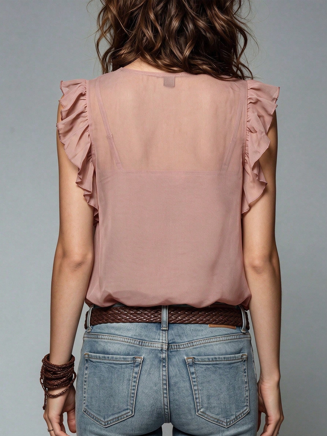 Hotletica French Vintage Vacation Floral Print Ruffle Trim Sleeveless Blouse