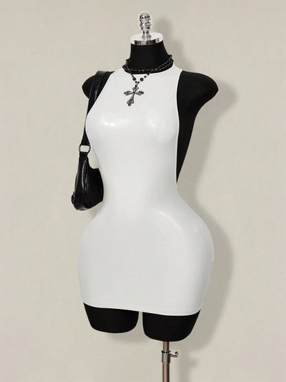 ICON 2026 New Arrive Women's Y2k White Solid Color Backless Sleeveless Bodycon Mini Dress,Spring/Summer Open Back,Summer
