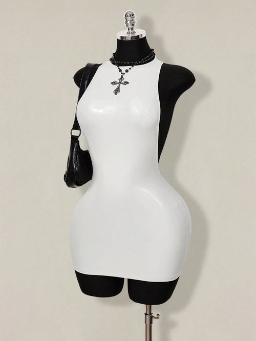 ICON 2026 New Arrive Women's Y2k White Solid Color Backless Sleeveless Bodycon Mini Dress,Spring/Summer Open Back,Summer