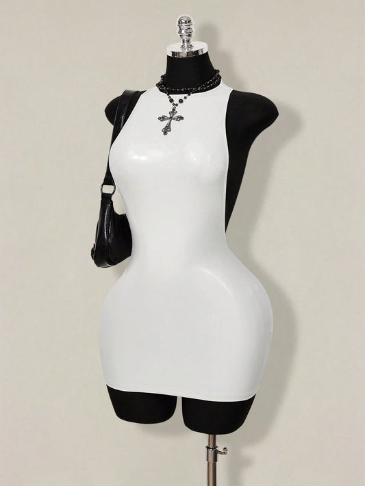 ICON 2026 New Arrive Women's Y2k White Solid Color Backless Sleeveless Bodycon Mini Dress,Spring/Summer Open Back,Summer