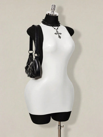ICON 2026 New Arrive Women's Y2k White Solid Color Backless Sleeveless Bodycon Mini Dress,Spring/Summer Open Back,Summer