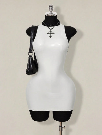 ICON 2026 New Arrive Women's Y2k White Solid Color Backless Sleeveless Bodycon Mini Dress,Spring/Summer Open Back,Summer