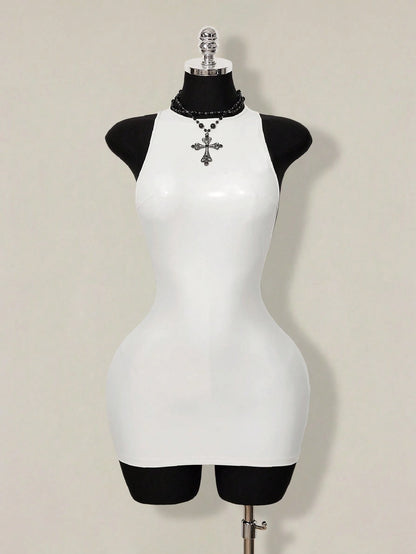 ICON 2026 New Arrive Women's Y2k White Solid Color Backless Sleeveless Bodycon Mini Dress,Spring/Summer Open Back,Summer