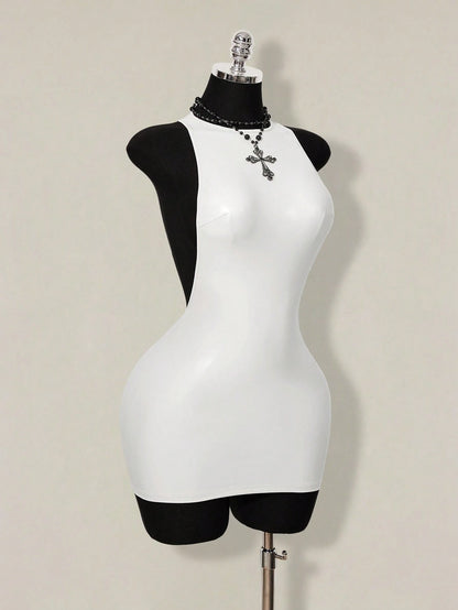 ICON 2026 New Arrive Women's Y2k White Solid Color Backless Sleeveless Bodycon Mini Dress,Spring/Summer Open Back,Summer