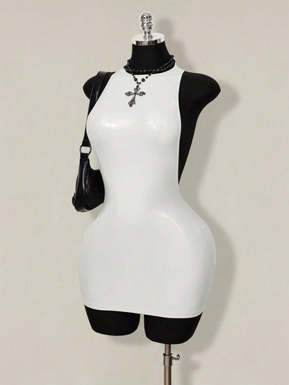ICON 2026 New Arrive Women's Y2k White Solid Color Backless Sleeveless Bodycon Mini Dress,Spring/Summer Open Back,Summer