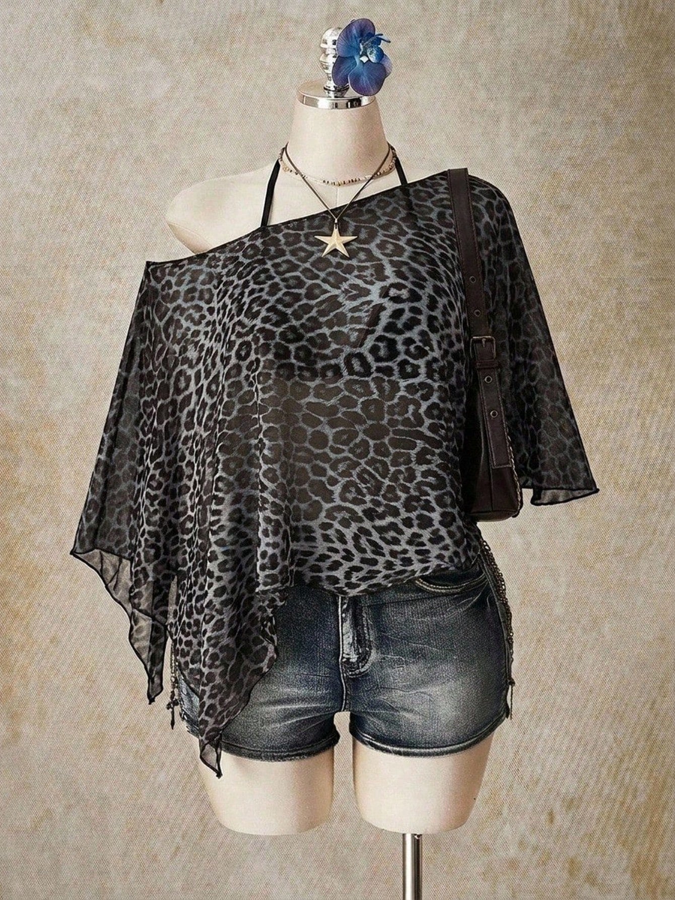 ICON Casual Minimalist Leopard Print Pattern Plus Size Mesh Top For Women, Suitable For Summer