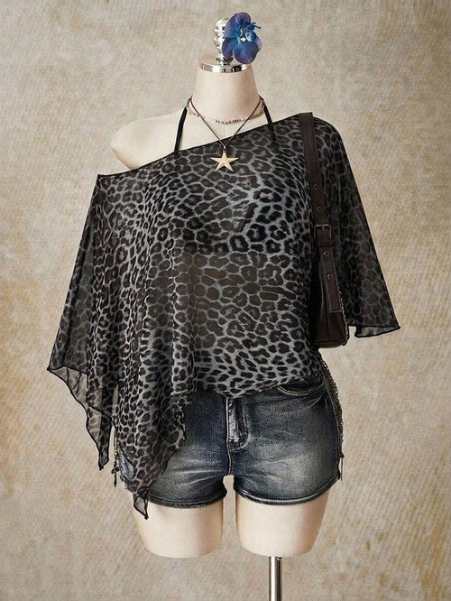 ICON Casual Minimalist Leopard Print Pattern Plus Size Mesh Top For Women, Suitable For Summer