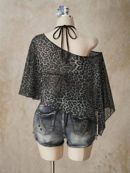 ICON Casual Minimalist Leopard Print Pattern Plus Size Mesh Top For Women, Suitable For Summer