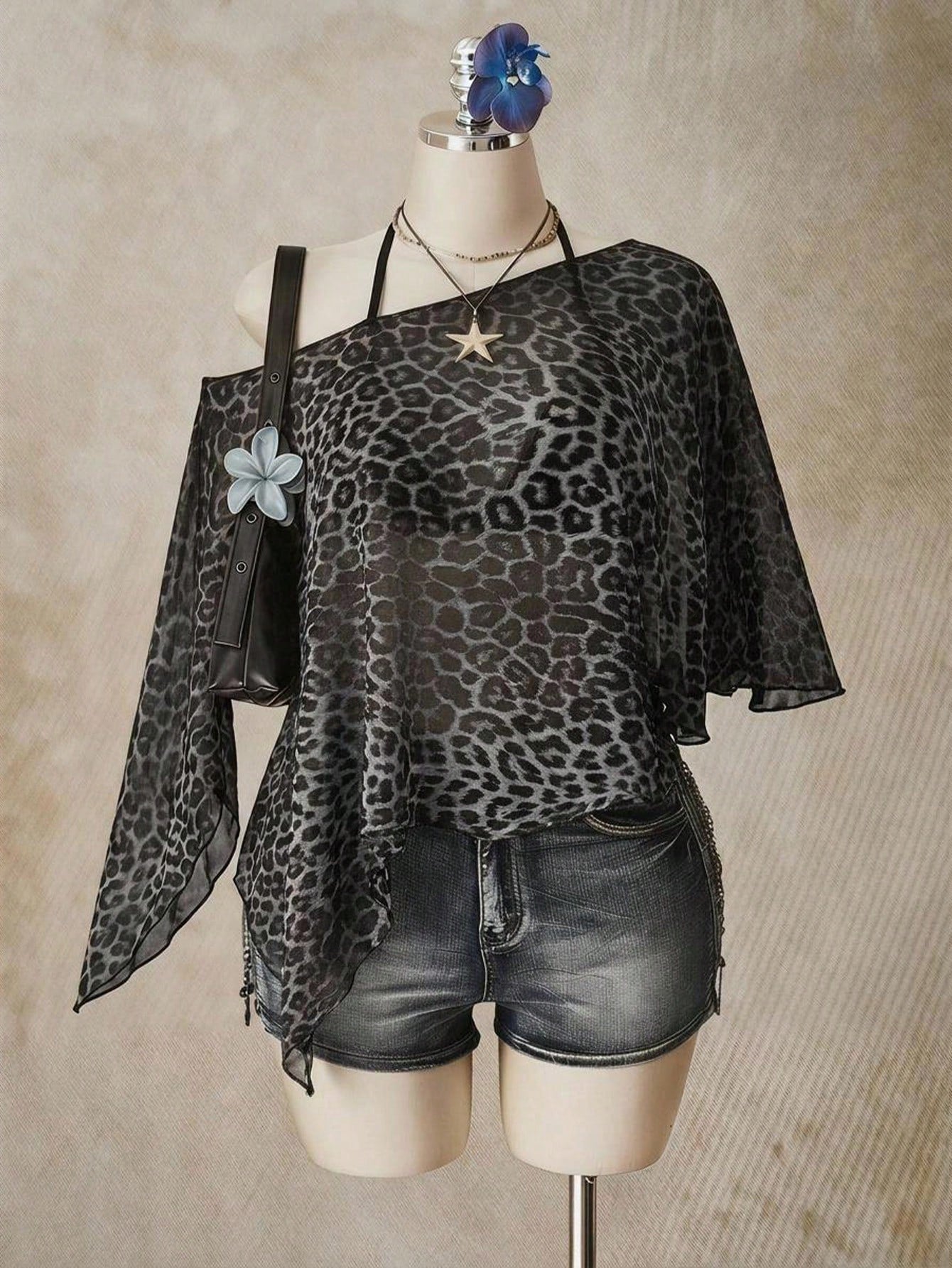 ICON Casual Minimalist Leopard Print Pattern Plus Size Mesh Top For Women, Suitable For Summer