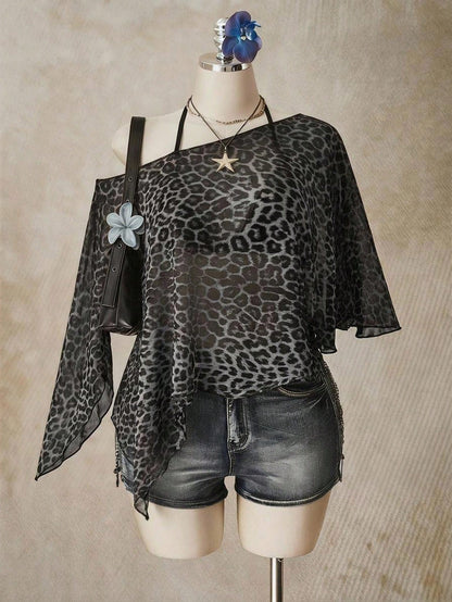 ICON Casual Minimalist Leopard Print Pattern Plus Size Mesh Top For Women, Suitable For Summer