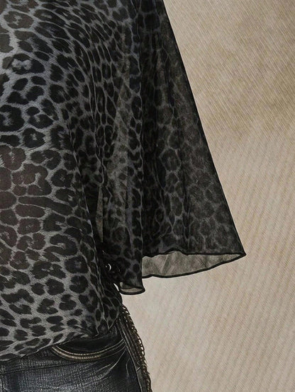 ICON Casual Minimalist Leopard Print Pattern Plus Size Mesh Top For Women, Suitable For Summer