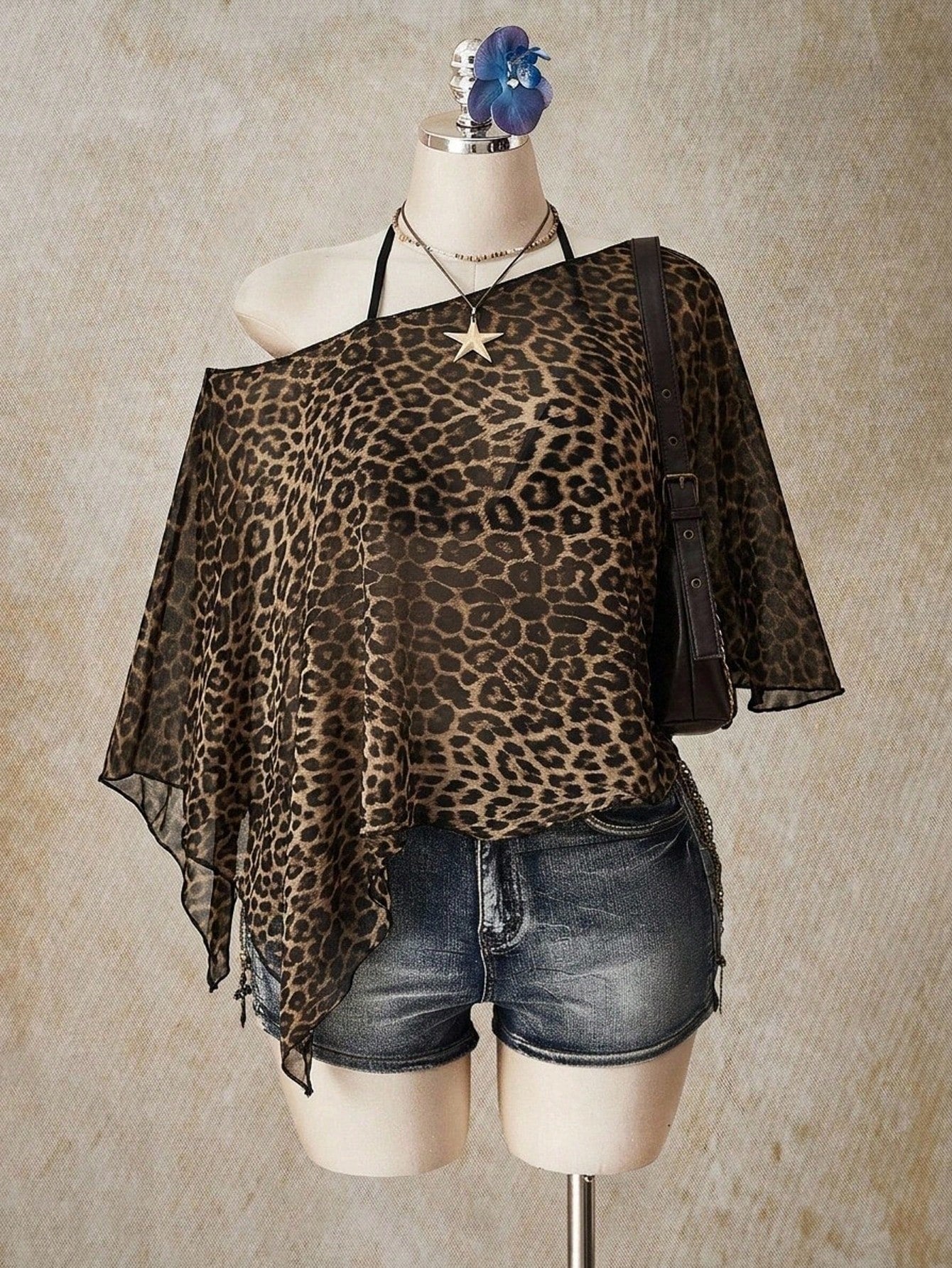 ICON Casual Minimalist Leopard Print Pattern Plus Size Mesh Top For Women, Suitable For Summer