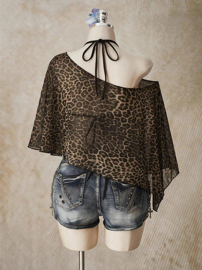 ICON Casual Minimalist Leopard Print Pattern Plus Size Mesh Top For Women, Suitable For Summer