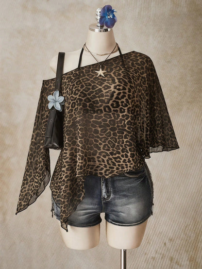 ICON Casual Minimalist Leopard Print Pattern Plus Size Mesh Top For Women, Suitable For Summer