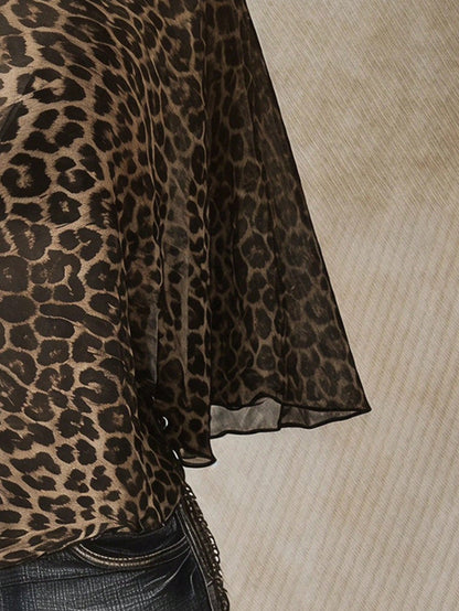 ICON Casual Minimalist Leopard Print Pattern Plus Size Mesh Top For Women, Suitable For Summer