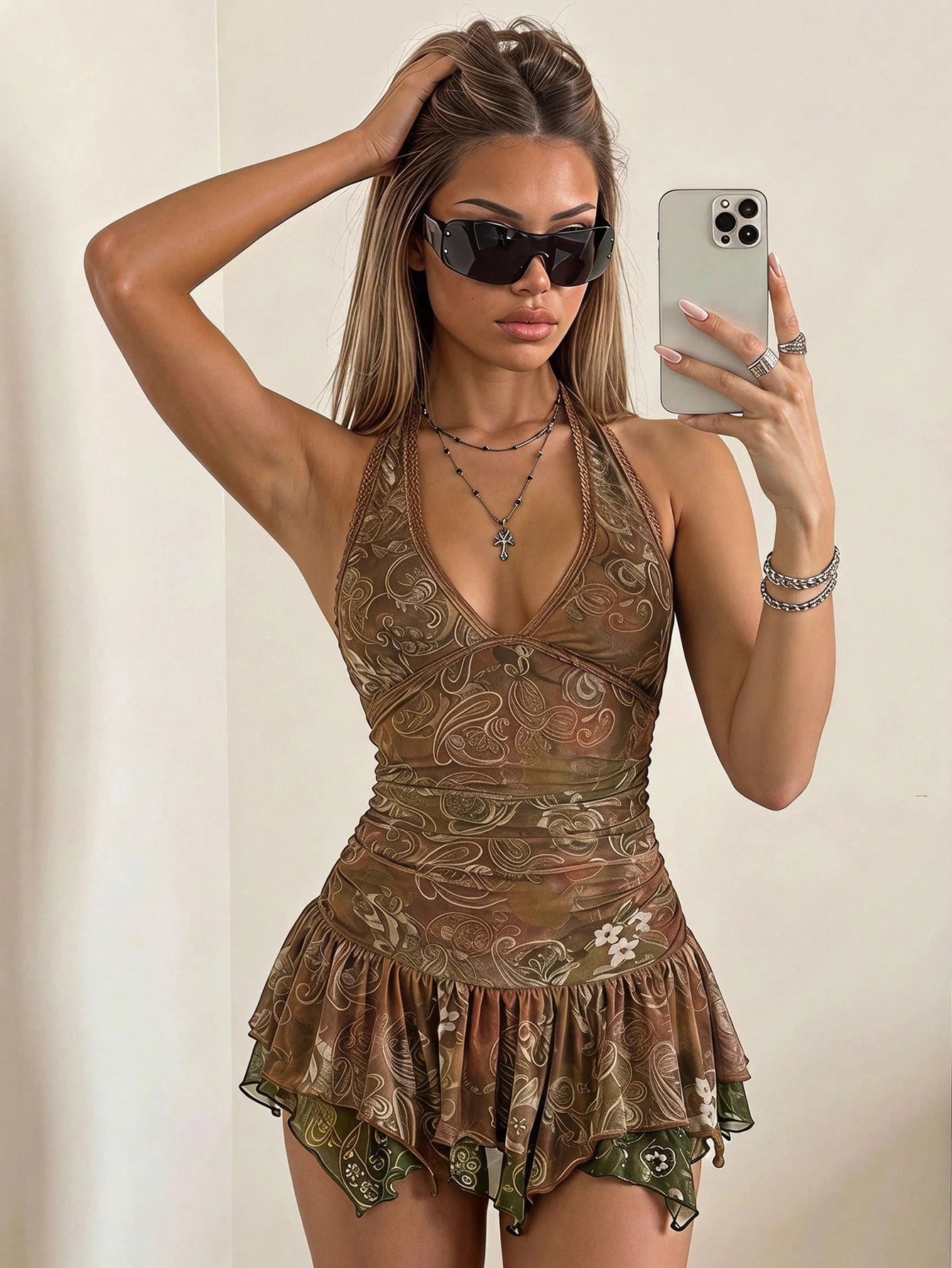 ICON Halter Retro Color Block Paisley Print Bodycon Ruched Asymmetric Hem Mini Dress,Club Outfits Women Sexy