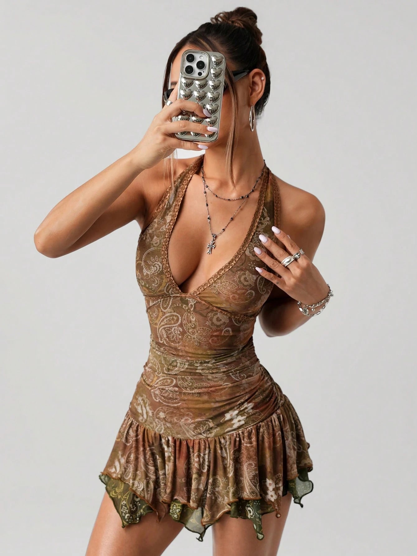 ICON Halter Retro Color Block Paisley Print Bodycon Ruched Asymmetric Hem Mini Dress,Club Outfits Women Sexy