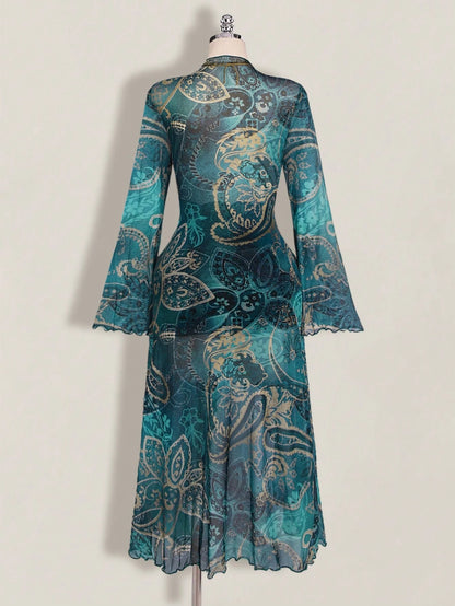 ICON Plus Size Women Paisley Print Tie Front Top, Suitable For Vacation And Beach Vacation Beach Vacation Teal Autumn Boho 90s Fall