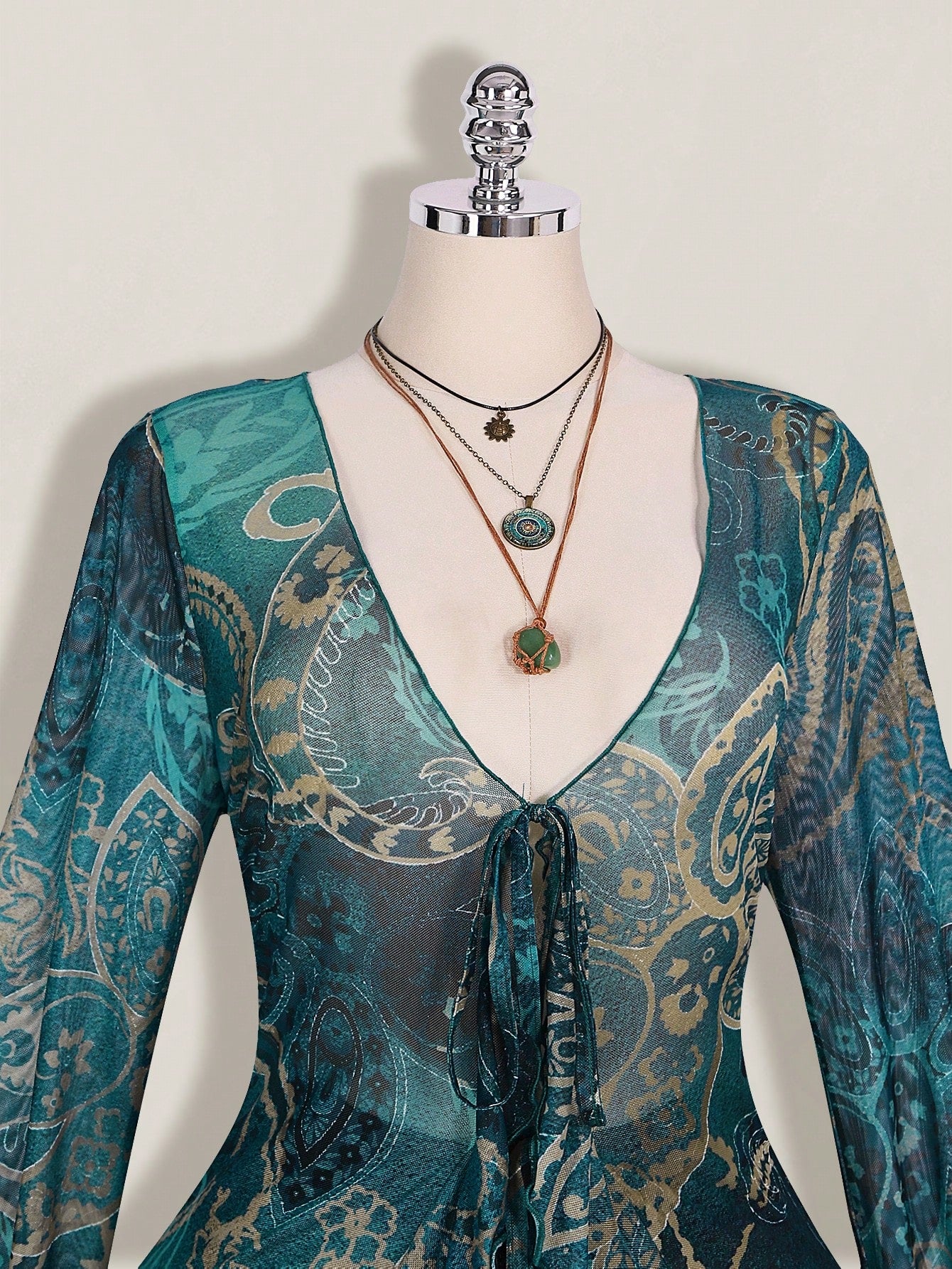 ICON Plus Size Women Paisley Print Tie Front Top, Suitable For Vacation And Beach Vacation Beach Vacation Teal Autumn Boho 90s Fall