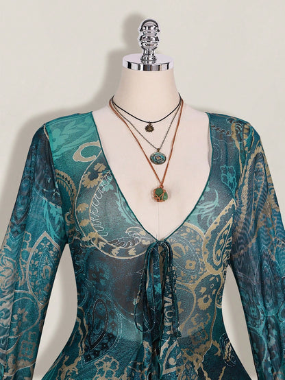 ICON Plus Size Women Paisley Print Tie Front Top, Suitable For Vacation And Beach Vacation Beach Vacation Teal Autumn Boho 90s Fall