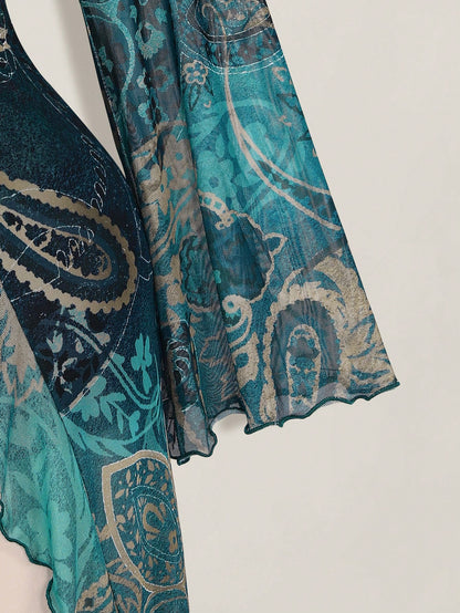 ICON Plus Size Women Paisley Print Tie Front Top, Suitable For Vacation And Beach Vacation Beach Vacation Teal Autumn Boho 90s Fall