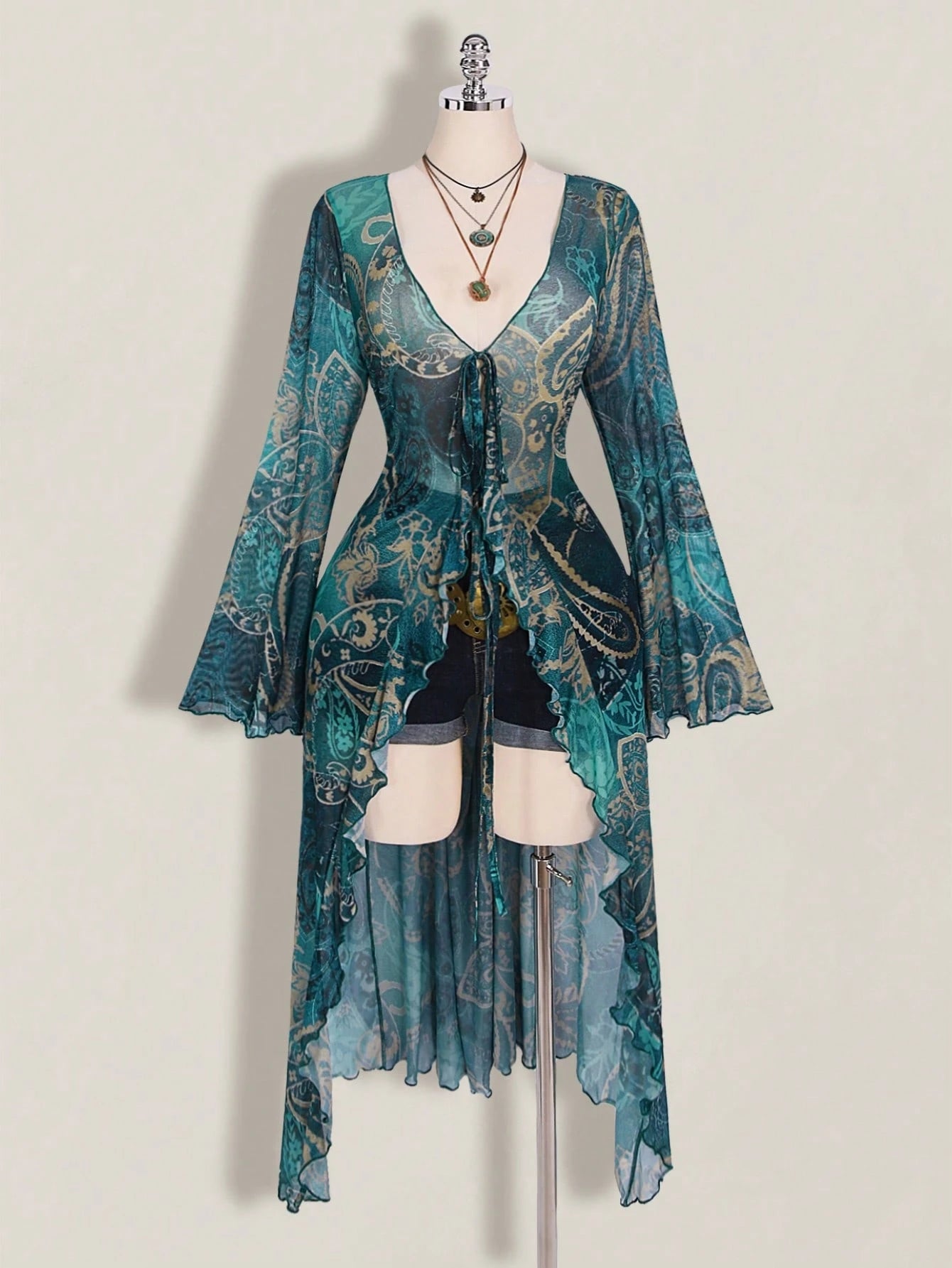 ICON Plus Size Women Paisley Print Tie Front Top, Suitable For Vacation And Beach Vacation Beach Vacation Teal Autumn Boho 90s Fall