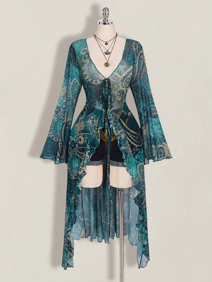 ICON Plus Size Women Paisley Print Tie Front Top, Suitable For Vacation And Beach Vacation Beach Vacation Teal Autumn Boho 90s Fall