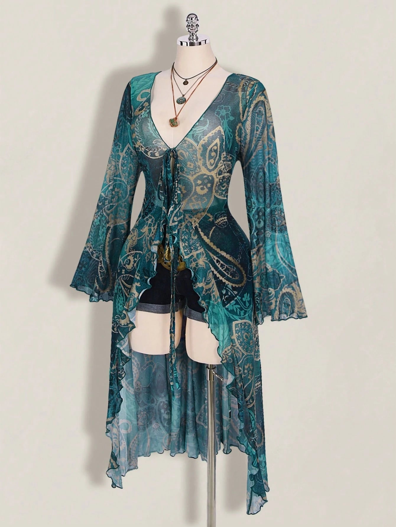 ICON Plus Size Women Paisley Print Tie Front Top, Suitable For Vacation And Beach Vacation Beach Vacation Teal Autumn Boho 90s Fall
