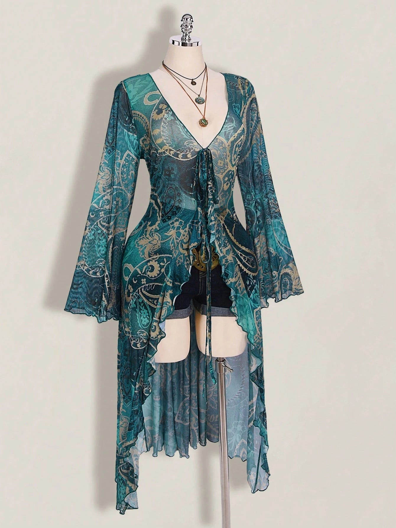 ICON Plus Size Women Paisley Print Tie Front Top, Suitable For Vacation And Beach Vacation Beach Vacation Teal Autumn Boho 90s Fall