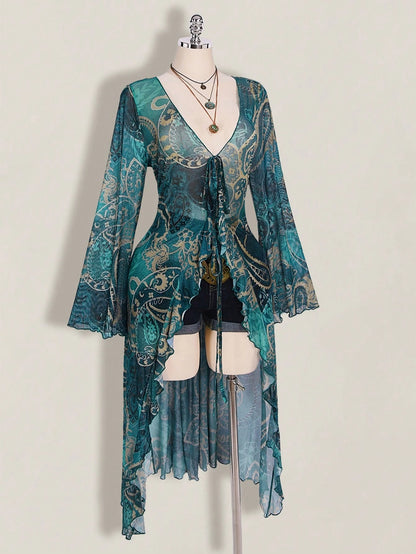 ICON Plus Size Women Paisley Print Tie Front Top, Suitable For Vacation And Beach Vacation Beach Vacation Teal Autumn Boho 90s Fall