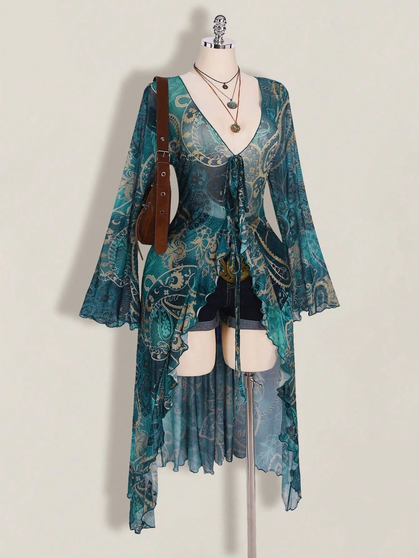 ICON Plus Size Women Paisley Print Tie Front Top, Suitable For Vacation And Beach Vacation Beach Vacation Teal Autumn Boho 90s Fall