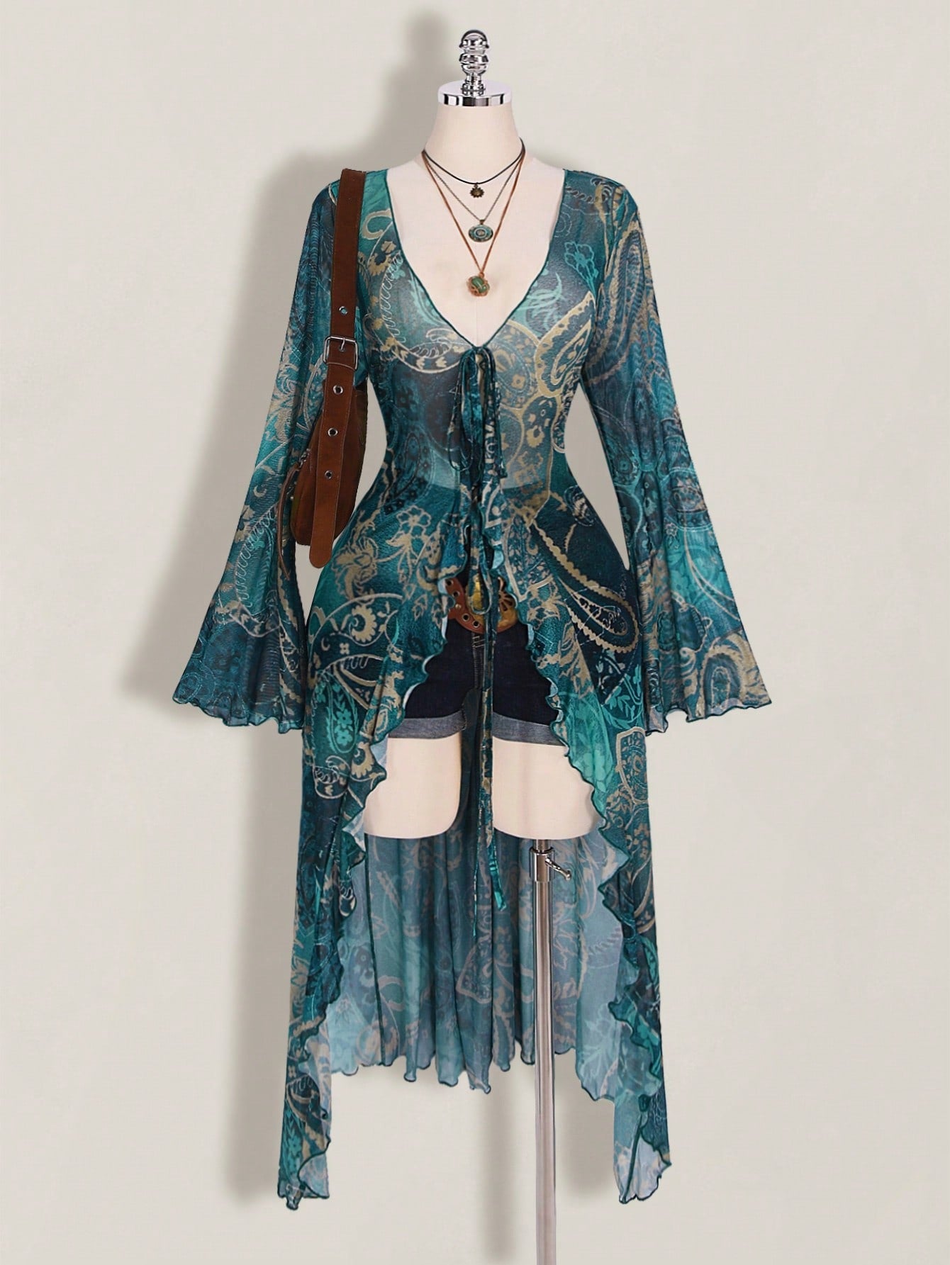 ICON Plus Size Women Paisley Print Tie Front Top, Suitable For Vacation And Beach Vacation Beach Vacation Teal Autumn Boho 90s Fall