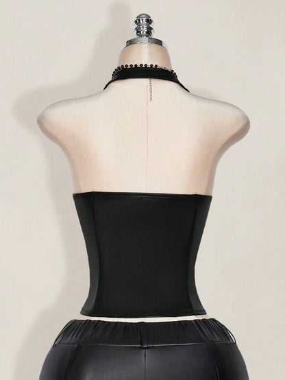 ICON Plus Size Women's Black Goth PU Leather Halter Neck Corset Top,Summer Night Out Club Grommet Tied V-Neck Off Shoulder Y2K Gothic Buckle Tank Top