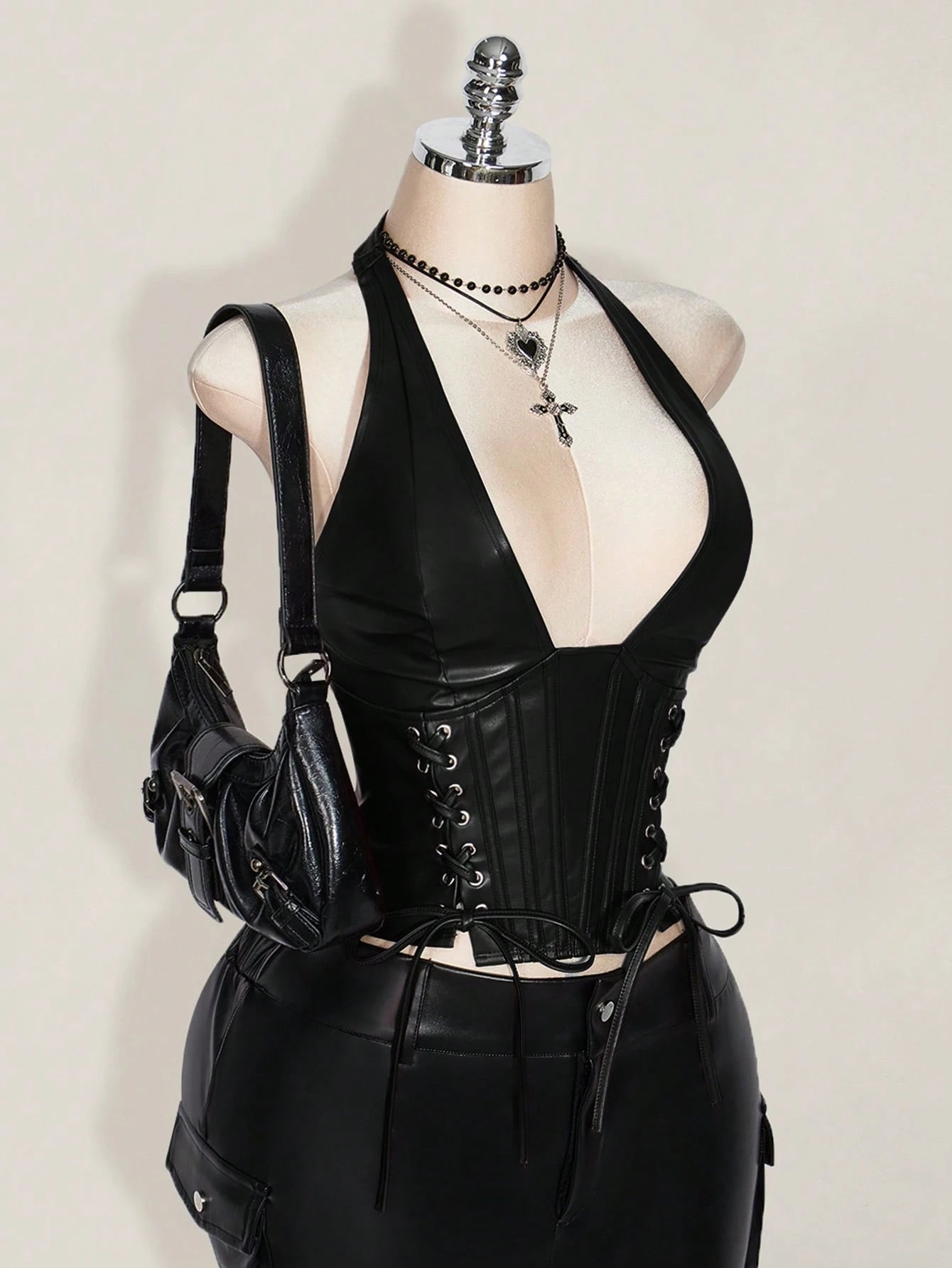 ICON Plus Size Women's Black Goth PU Leather Halter Neck Corset Top,Summer Night Out Club Grommet Tied V-Neck Off Shoulder Y2K Gothic Buckle Tank Top