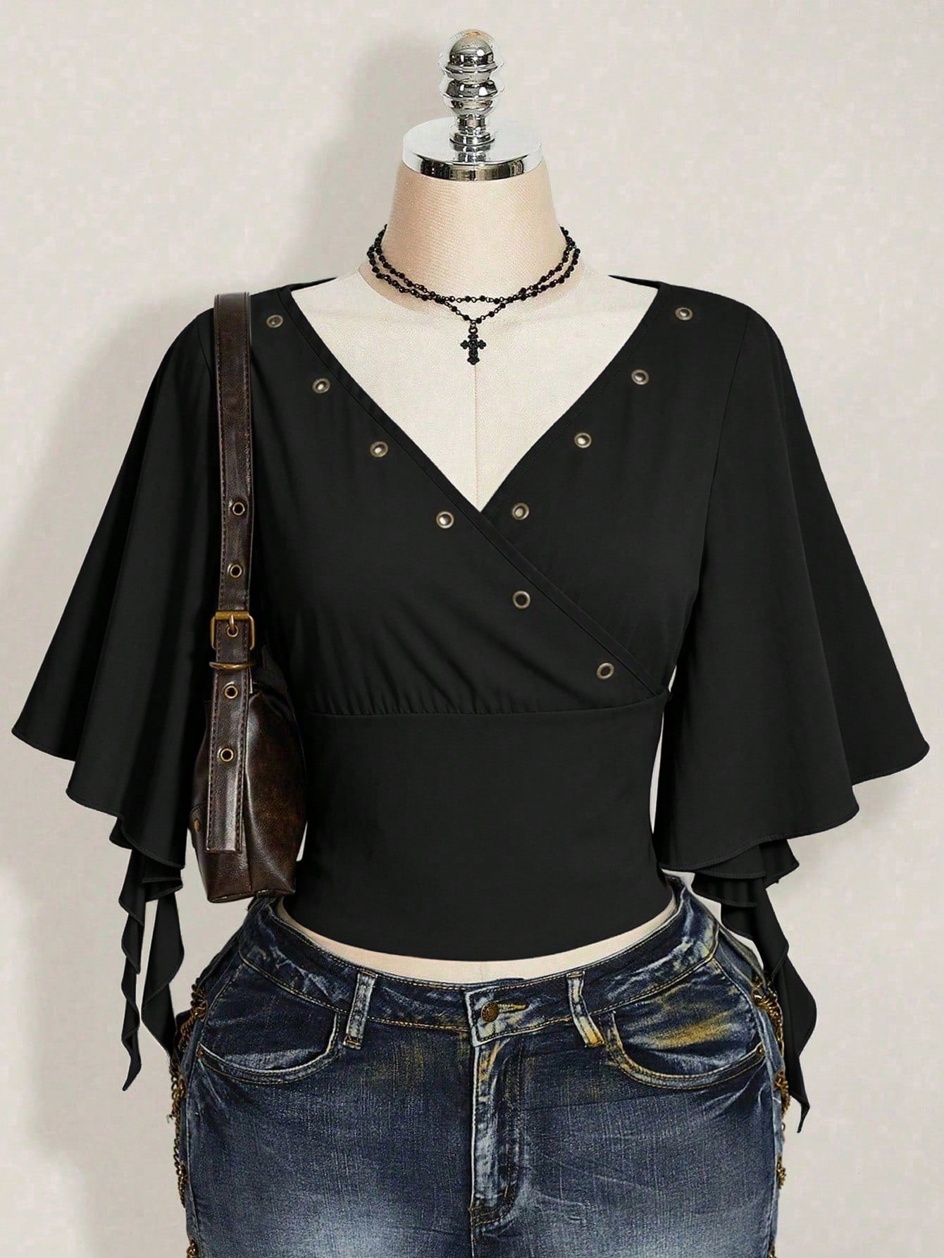 ICON Plus Size Women's Summer Dark Punk Style Black Surplice Neck Ruffle Sleeve Grommet Detail Fitted Cropped T-Shirt